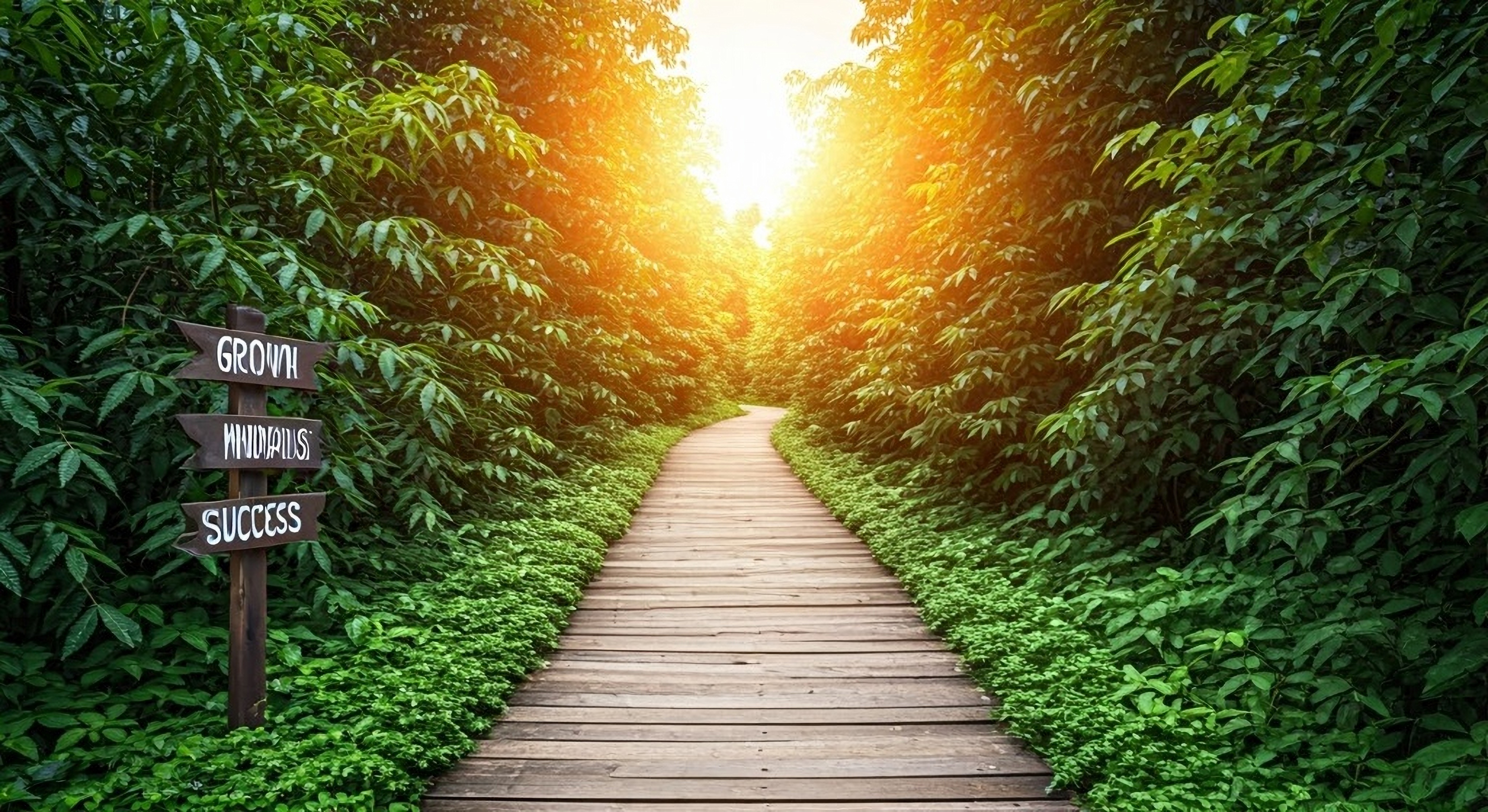 Wooden plank path through dense greenery