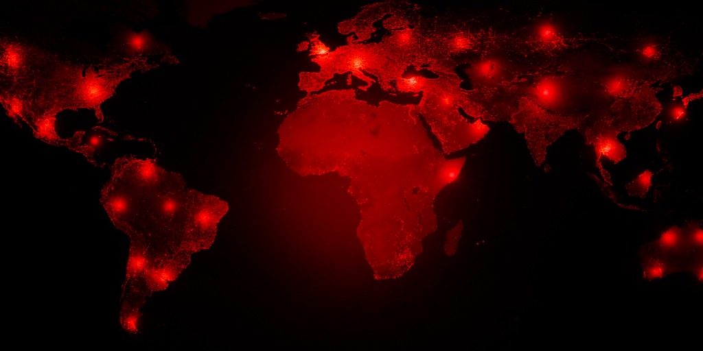 World map with red virus style highlights