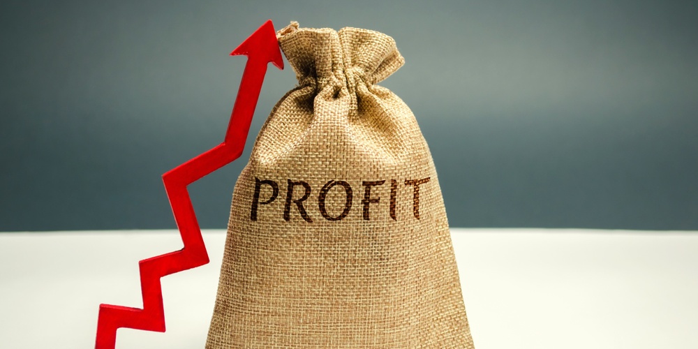 Bag labeled profit with red arrow going up