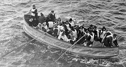 Lifeboat filled with survivors of the Titanic waiting to be rescued